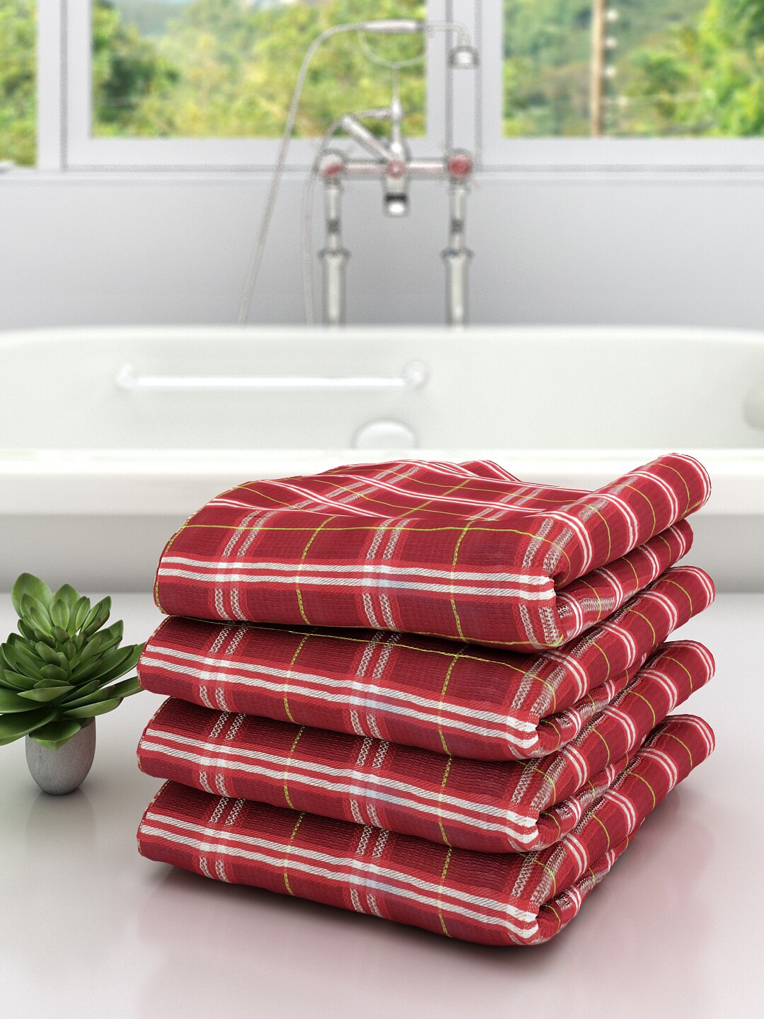 

Athom Trendz Unisex Set of 4 Red Checked 210 GSM Bath Towels