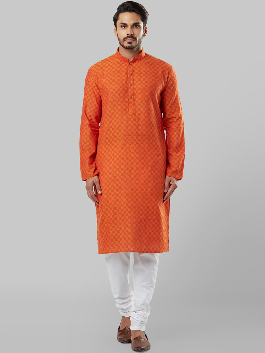 

Ethnix by Raymond Men Orange Checked Straight Kurta
