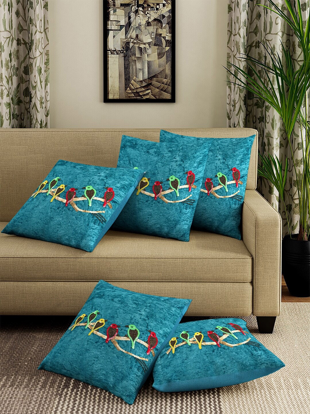 

DREAM WEAVERZ Set of 5 Turquoise Blue & Yellow Self Design Square Cushion Covers