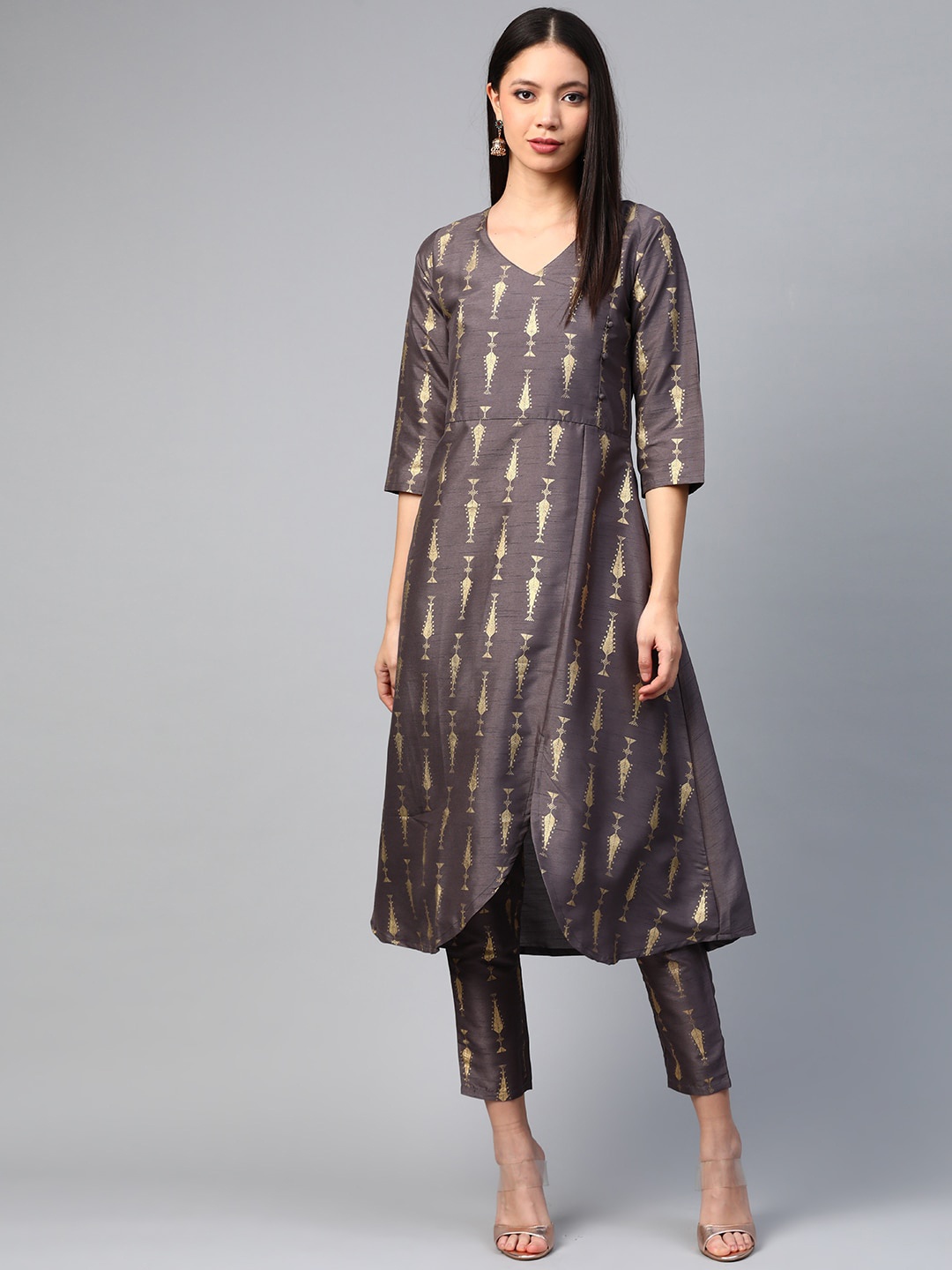 

ZIYAA Women Taupe & Gold-Coloured Foil Printed A-Line Kurta