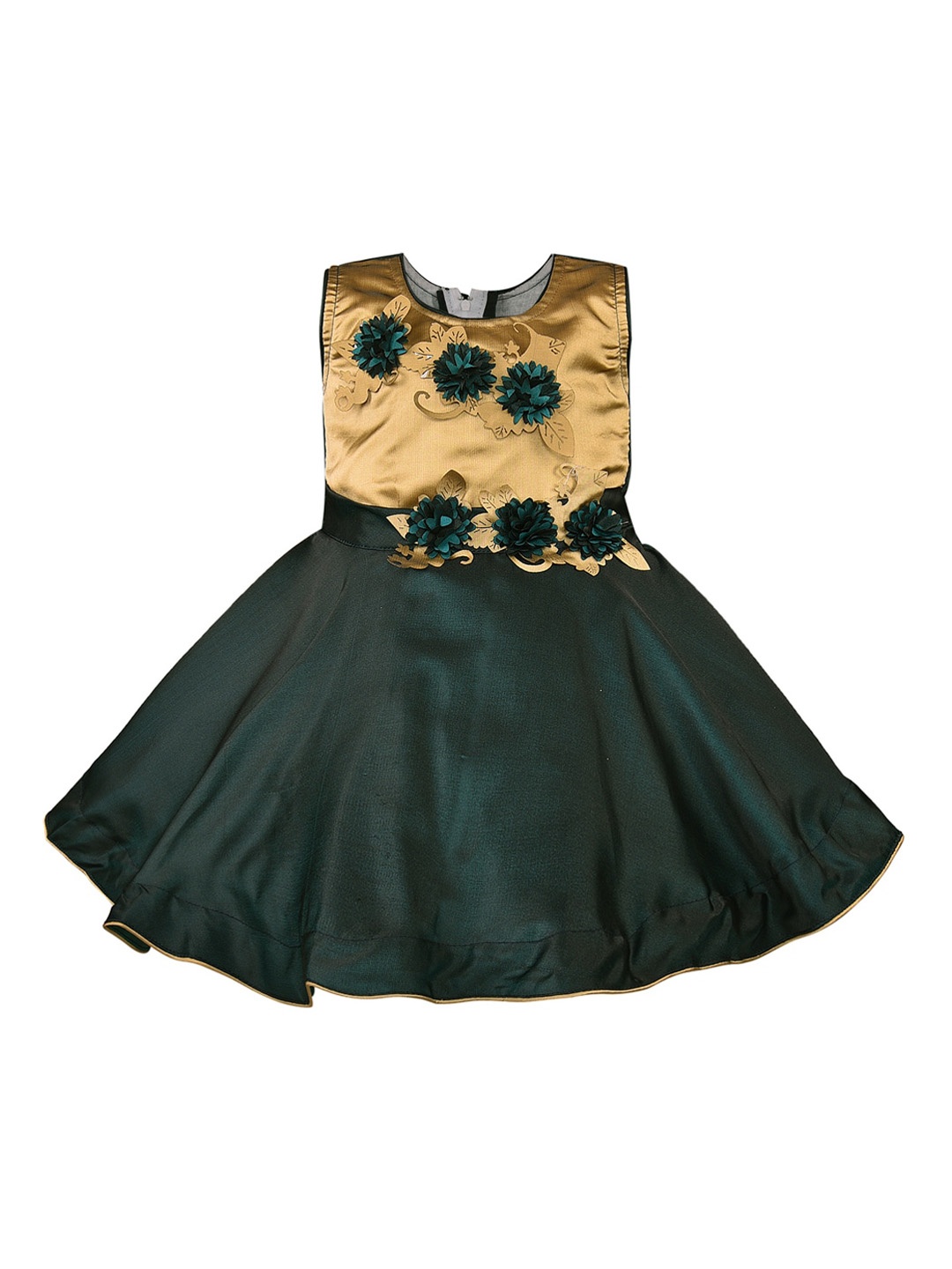 Wish Karo Girls Green & Beige Solid Fit and Flare Dress