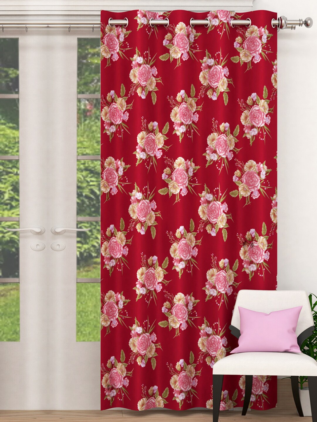 

Kuber Industries Red Floral Single Door Curtain