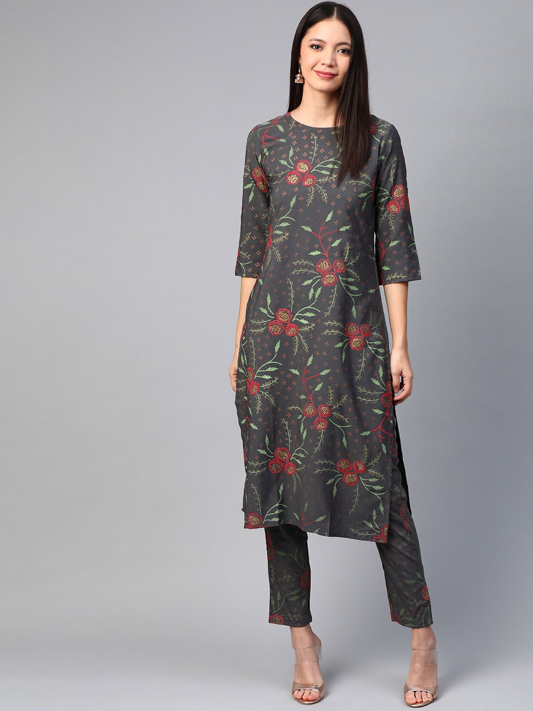 

ZIYAA Women Grey & Red Floral Printed Straight Kurta