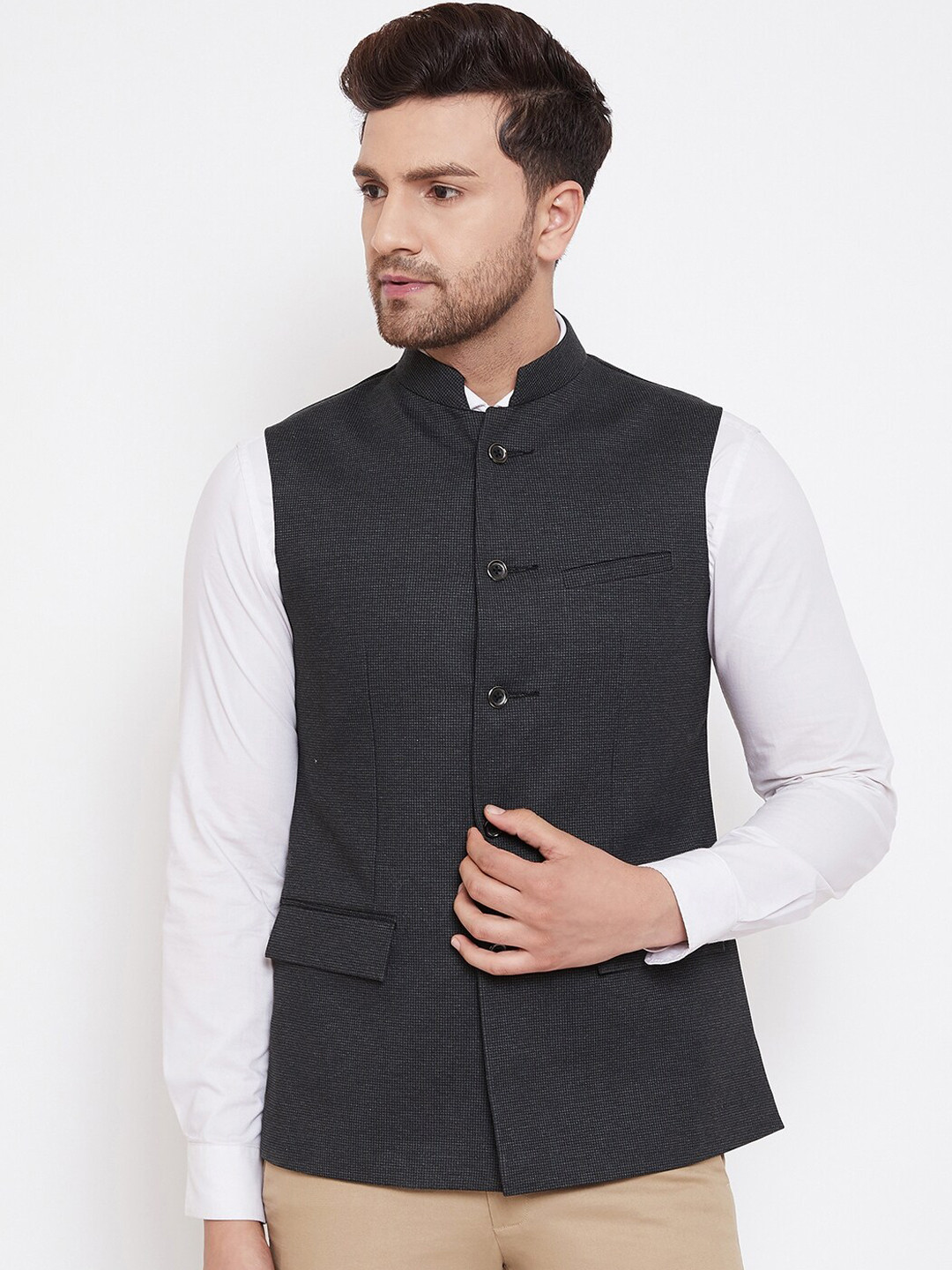 

Spirit Men Charcoal Grey Woven Design Nehru Jacket