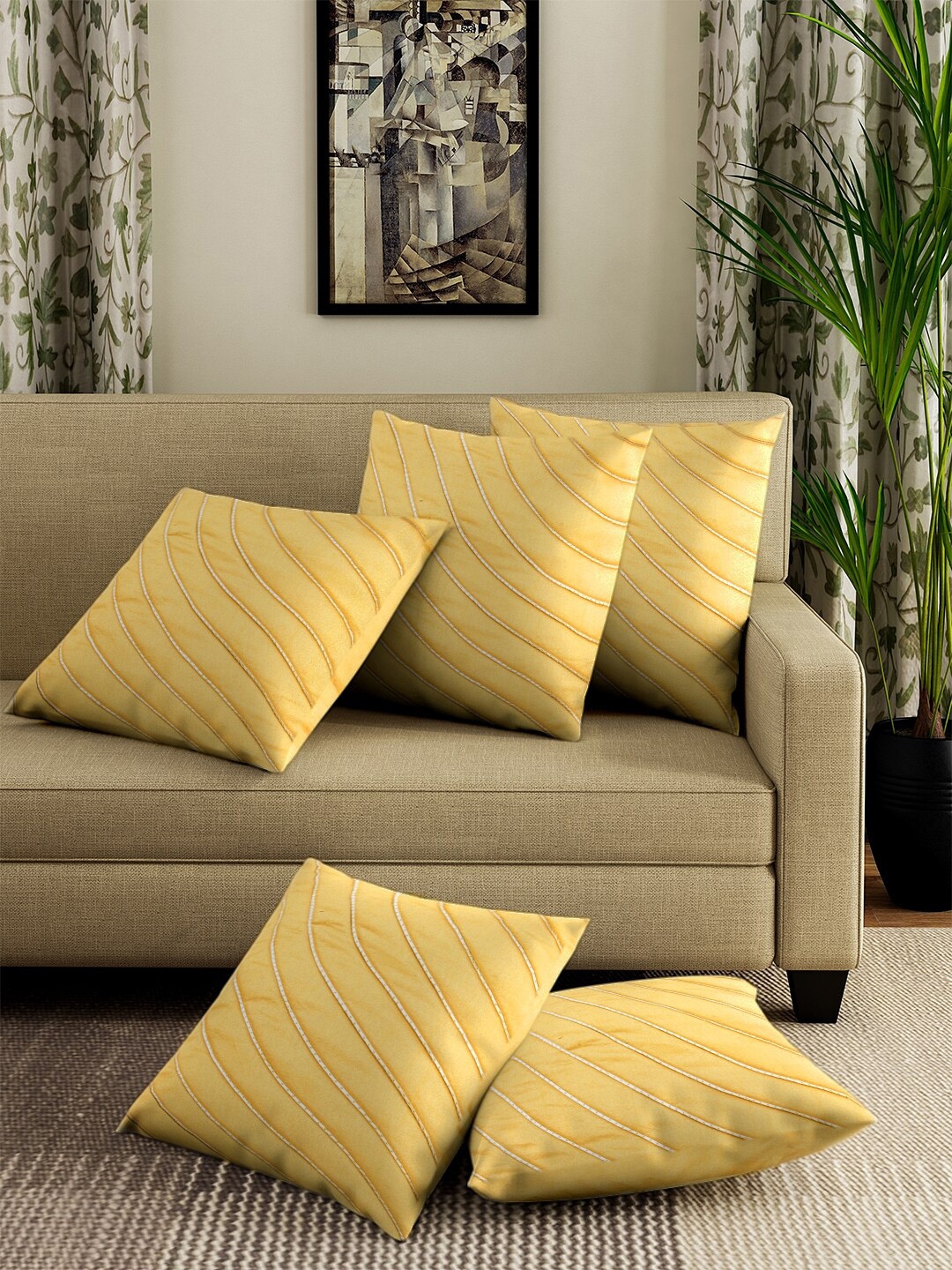 

DREAM WEAVERZ Yellow & Gold-Toned Set of 5 Embroidered Striped Square Cushion Covers