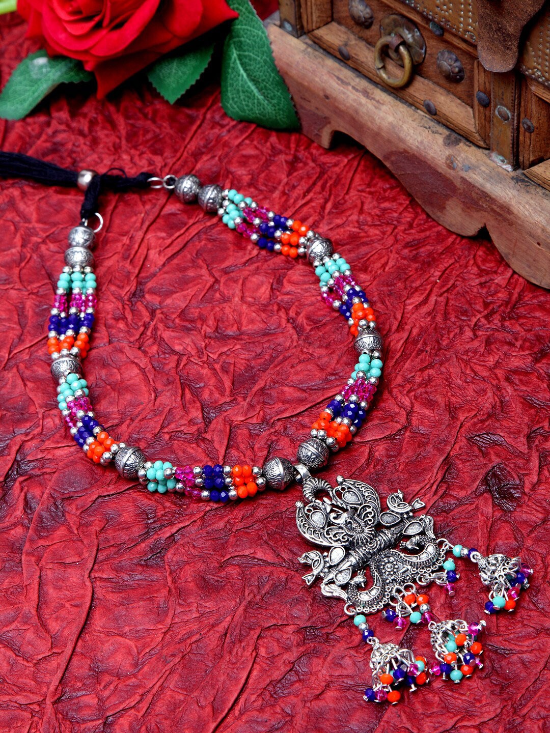 

Moedbuille Multicoloured German Silver Beads Studded Handcrafted Afghan Necklace, Multi