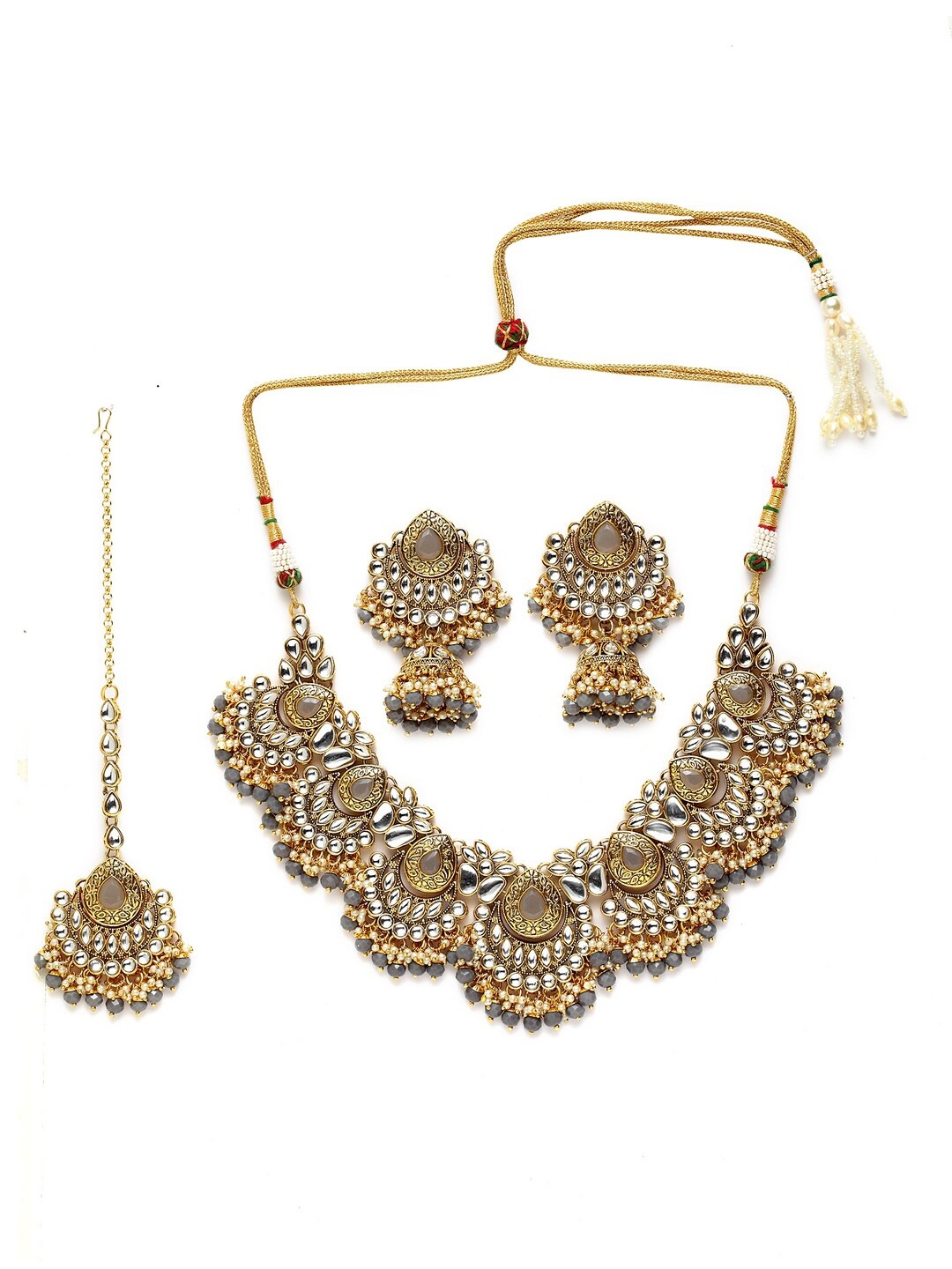

ANIKAS CREATION Gold-Plated & Grey Kundan Studded Handcrafted Sustainable Jewellery Set
