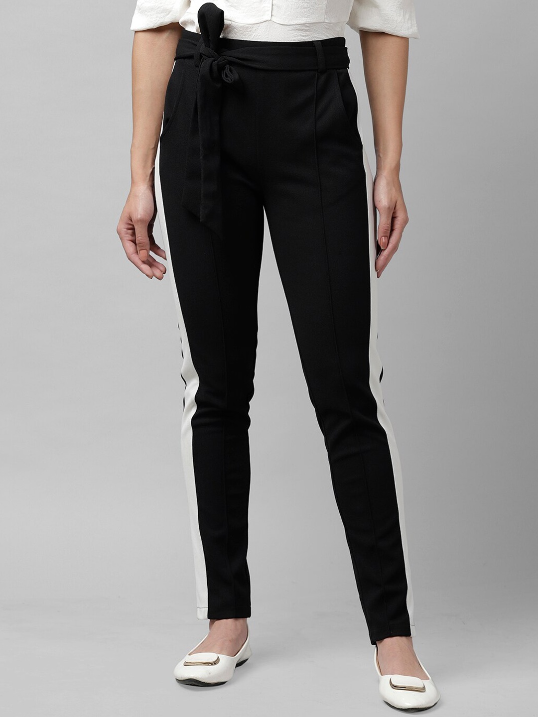 

KASSUALLY Women Black & White Slim Fit Side Strip Peg Trousers