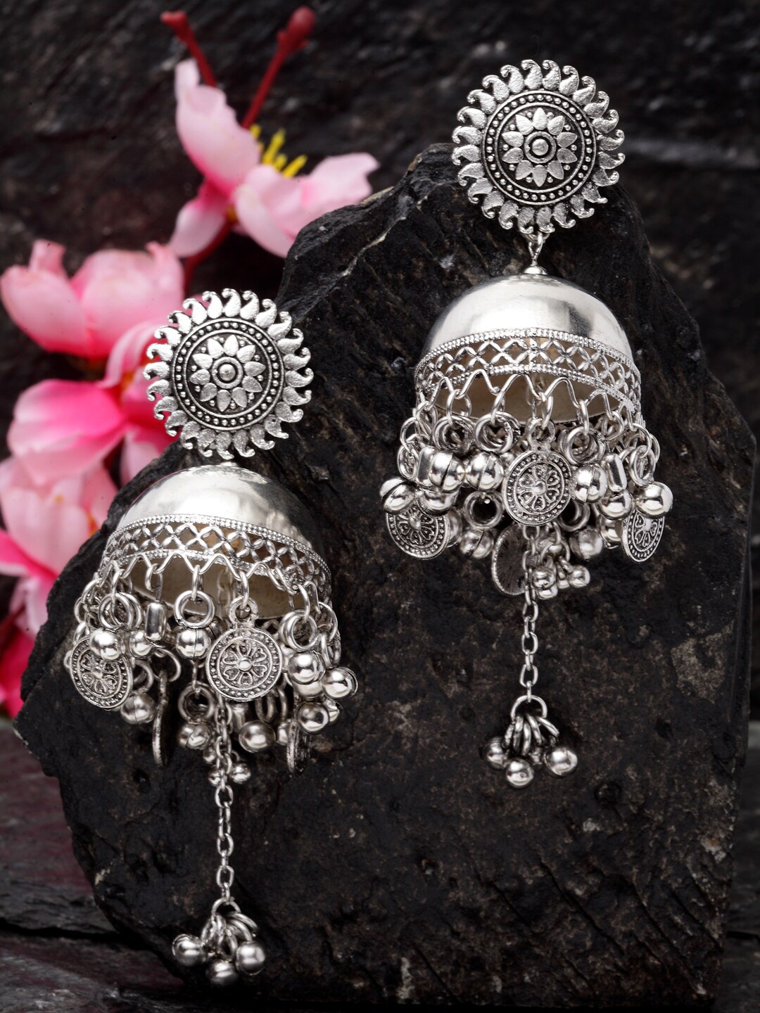 

Moedbuille Silver-Toned Dome Shaped Jhumkas
