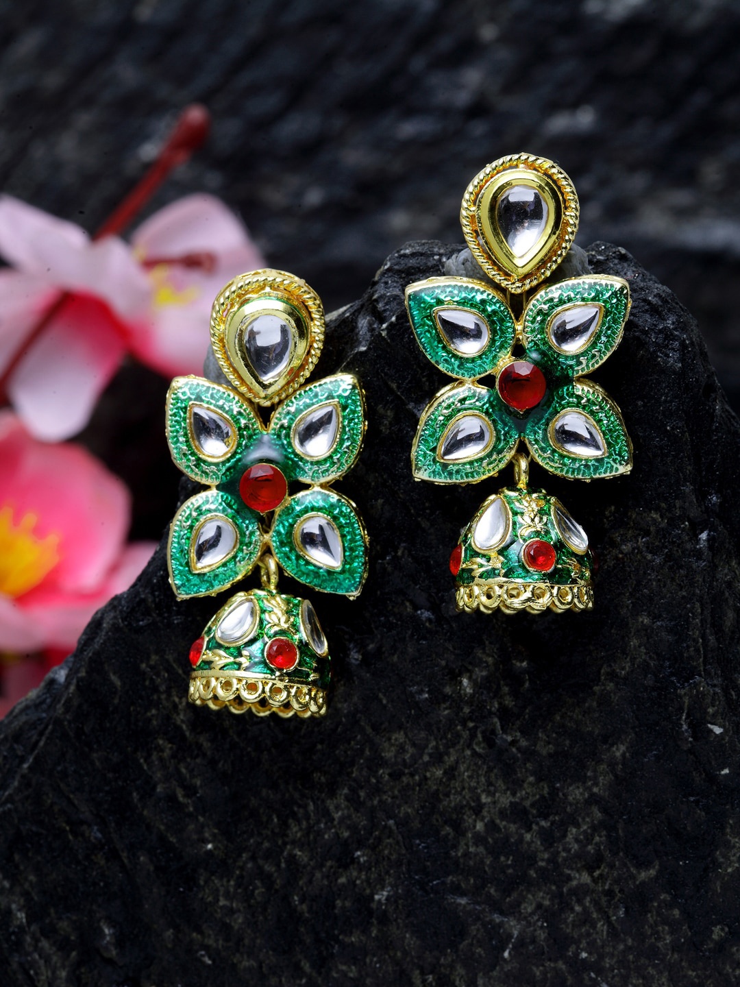 

Moedbuille Green & Gold Floral Kundan Jhumkas