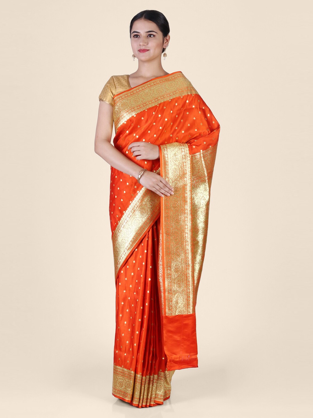 

Hastakala Orange & Gold-Coloured Silk Blend Embellished Banarasi Handloom Saree