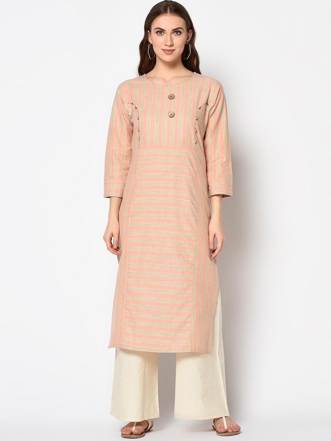 

Kvsfab Women Peach-Coloured & Grey Striped Straight Kurta