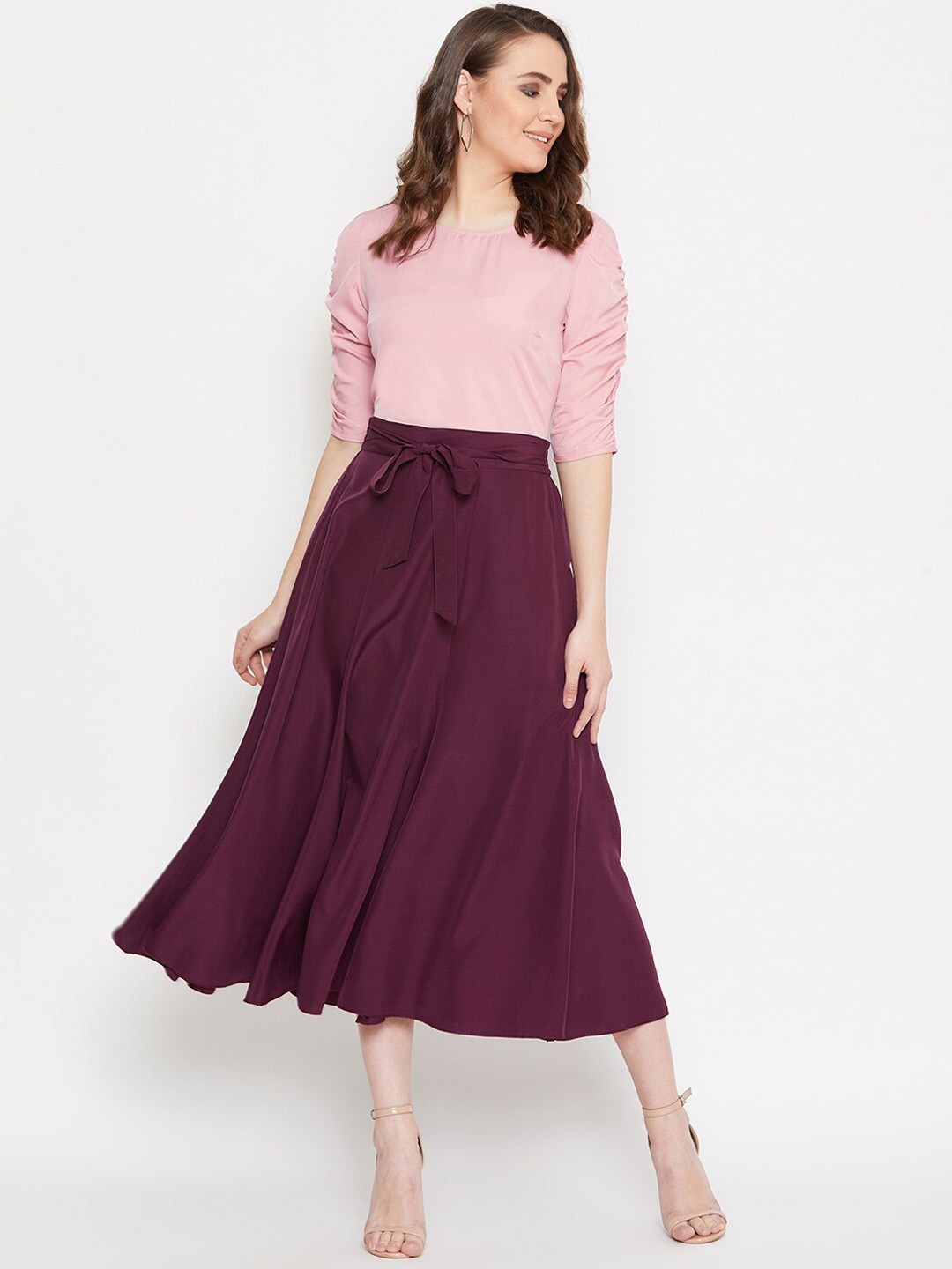 

Bitterlime Women Pink & Burgundy Solid Top with Skirt