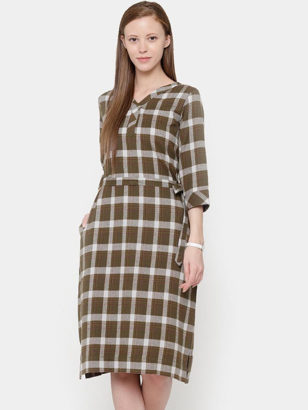 

CINNAMON CLOSET Women Green Checked A-Line Dress