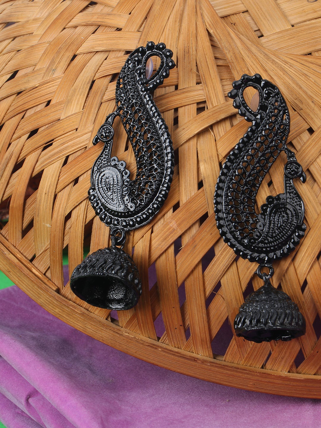 

ANIKAS CREATION Black Peacock Shaped Jhumkas