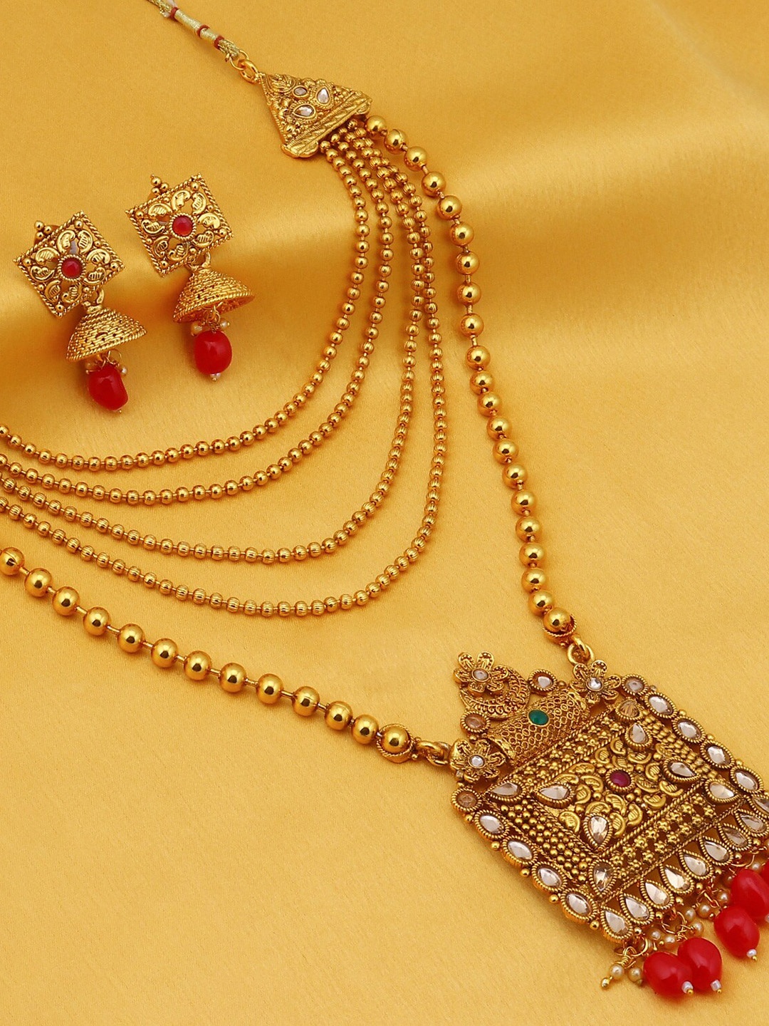 Sukkhi Gold-Plated Red & White LCT Stone-Studded Beaded Antique Layered Jewellery Set