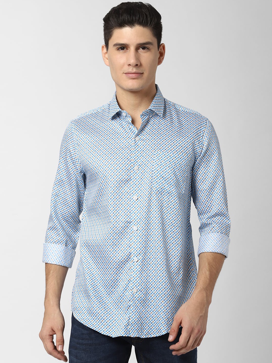 Peter England Elite Men Blue & White Regular Fit Printed Casual Shirt