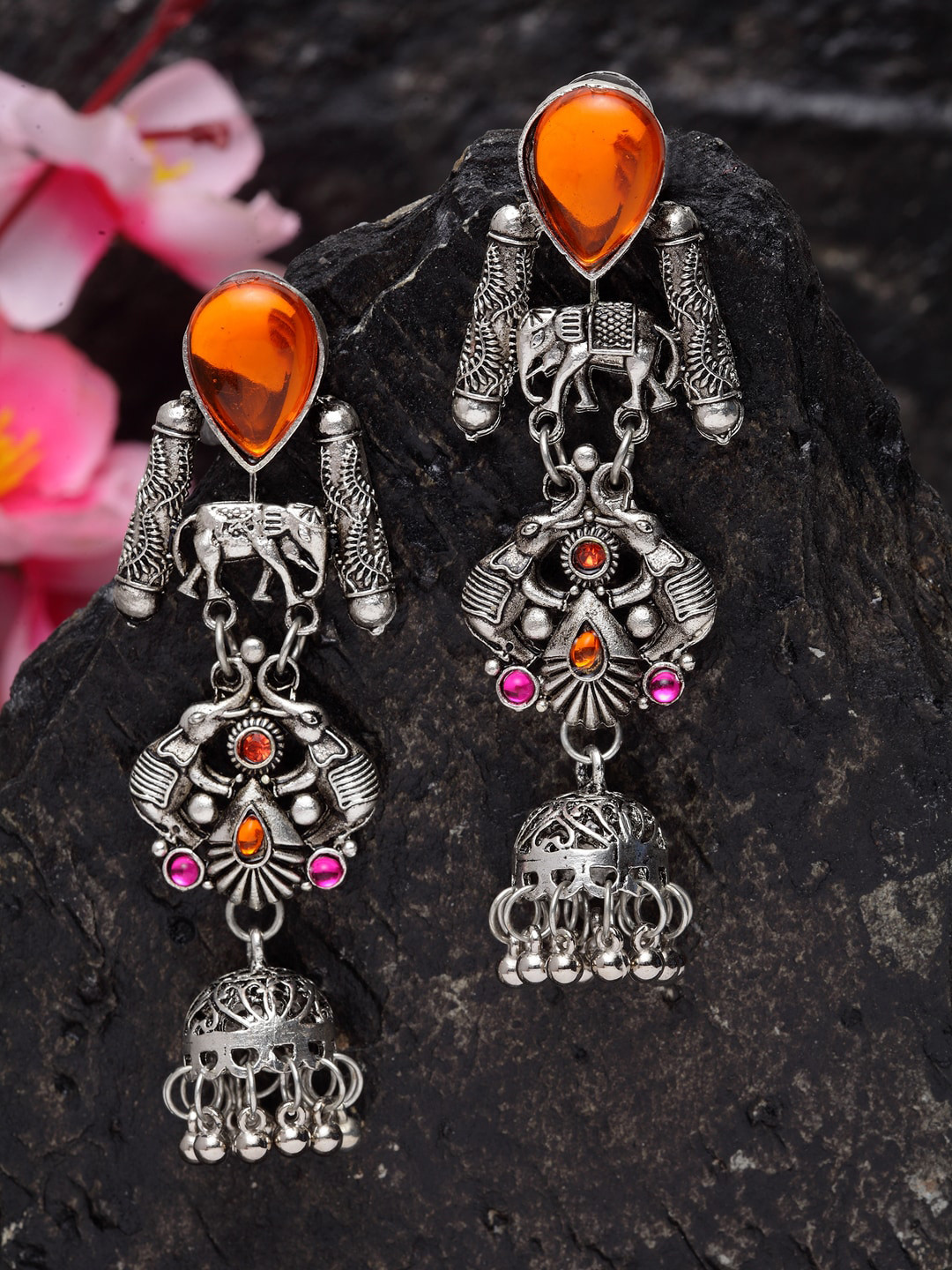 

Moedbuille Orange & Pink Dome Shaped Jhumkas