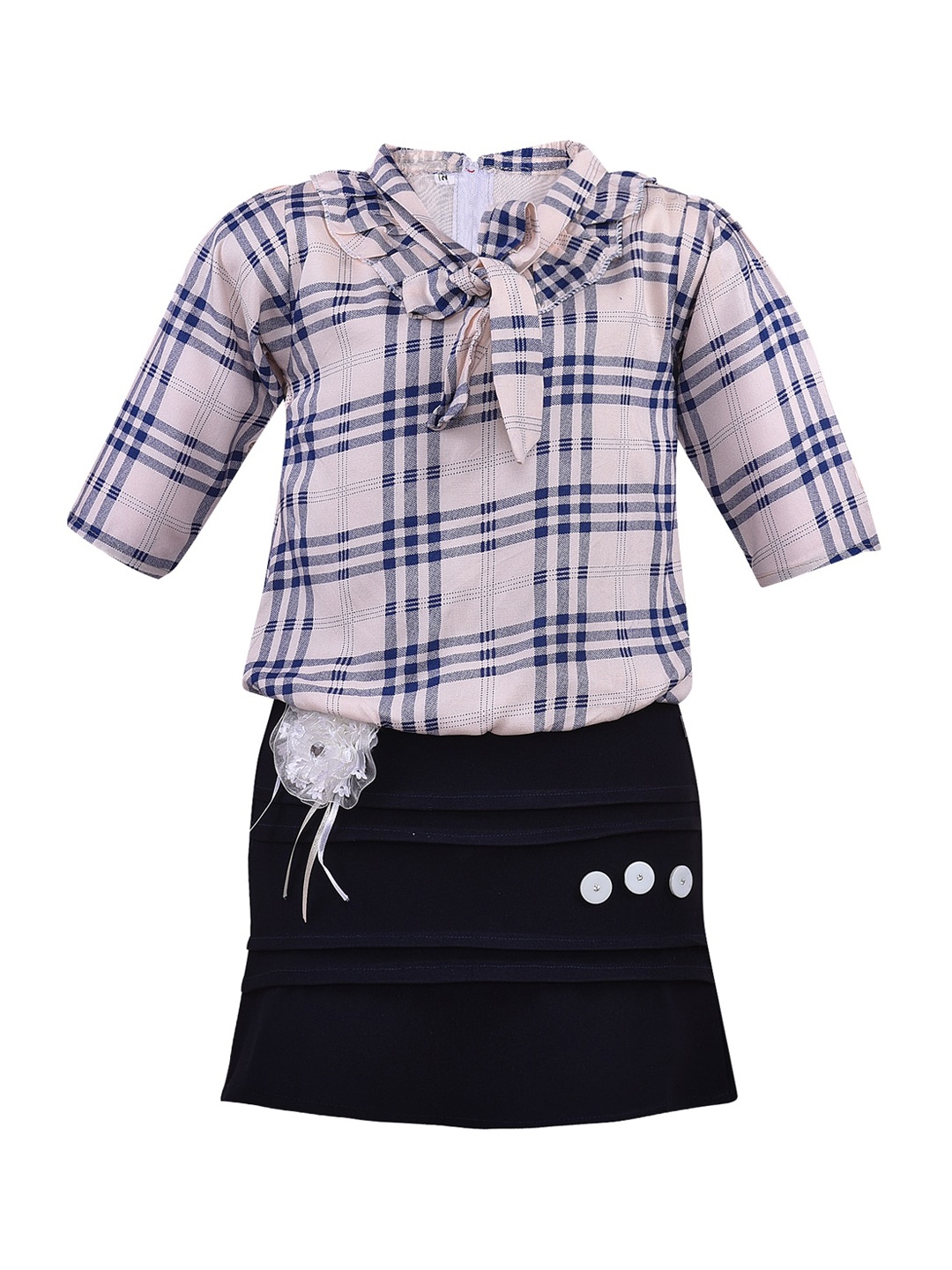 Wish Karo Girls Cream-Coloured & Navy Blue Checked A-Line Dress