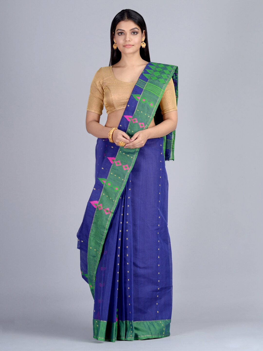 

Mitera Blue & Green Pure Cotton Woven Design Taant Handloom Saree