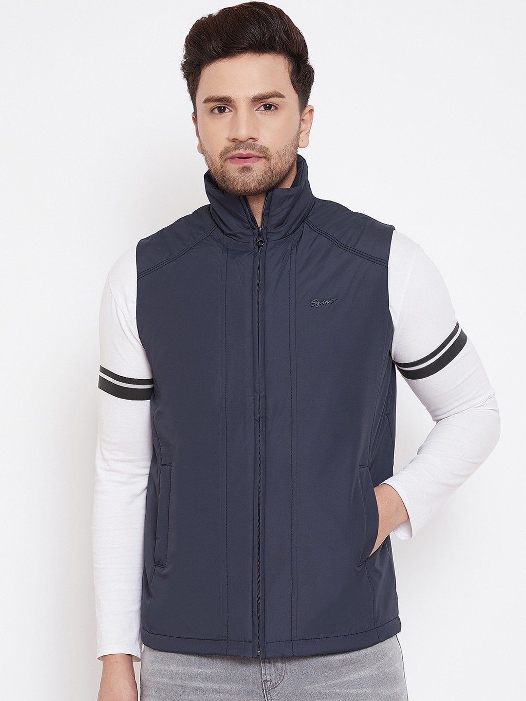 

Spirit Men Navy Blue Solid Windcheater Padded Jacket
