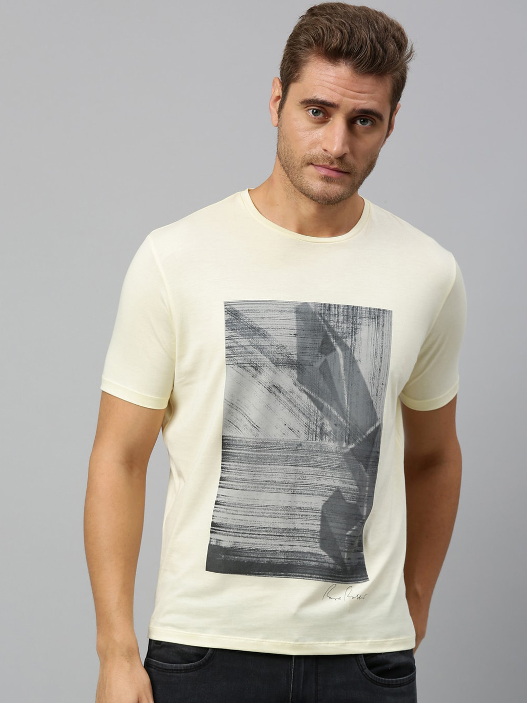 

RARE RABBIT Men Yellow Printed Round Neck T-shirt