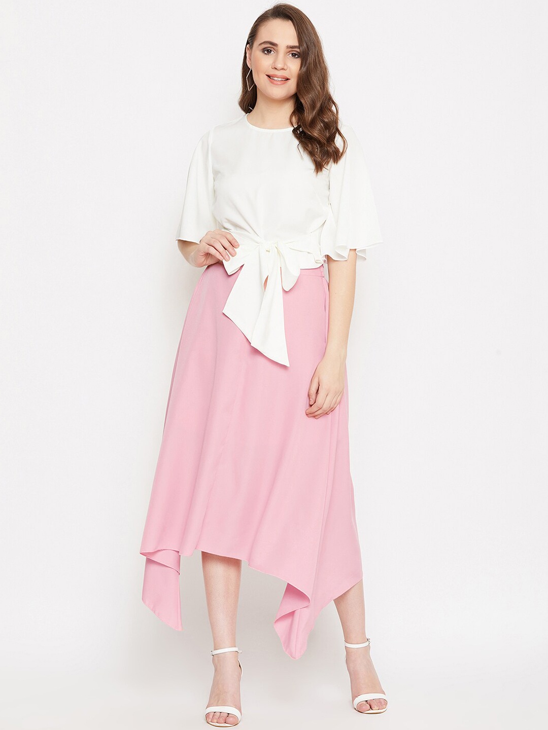 

Bitterlime Women Off-White & Pink Solid Top with Skirt