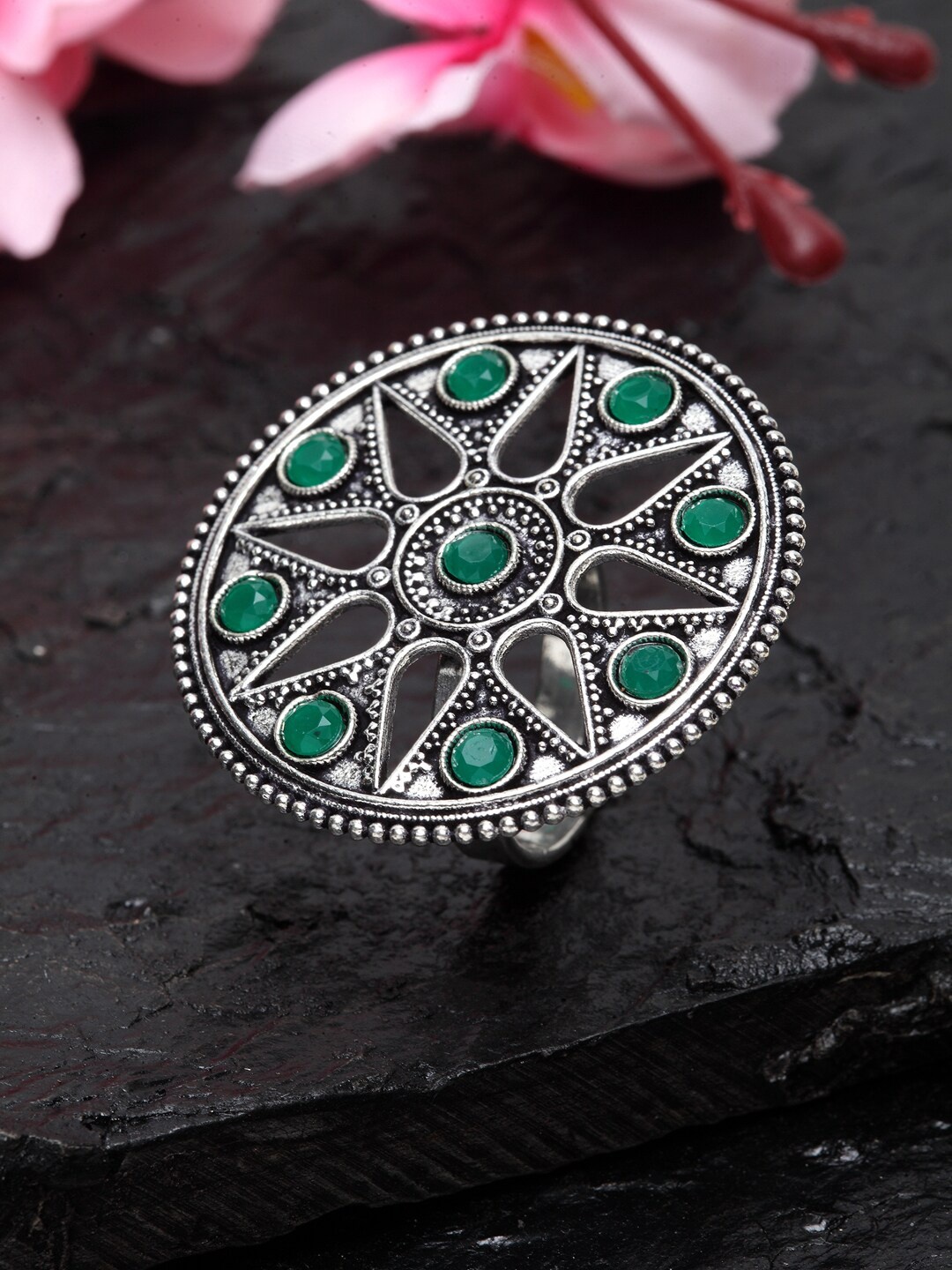 

Moedbuille Oxidised Brass-Plated Silver-Toned & Green Stone-Studded Handcrafted Tribal Adjustable Finger Ring