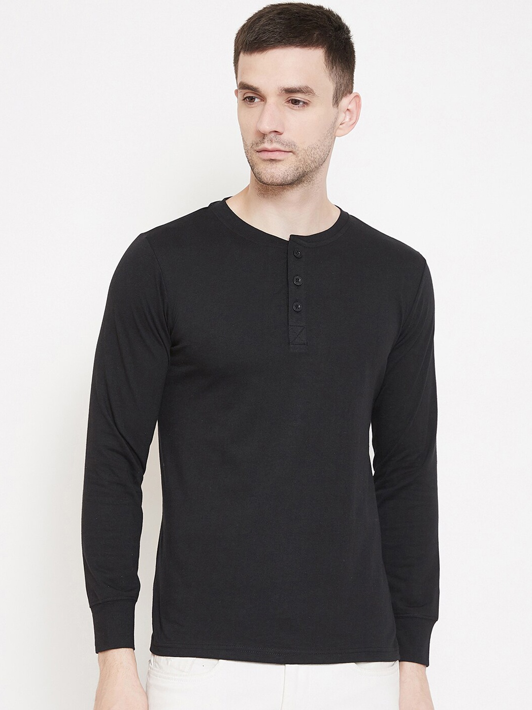 

GRITSTONES Men Black Solid Anti Viral Henley Neck T-shirt