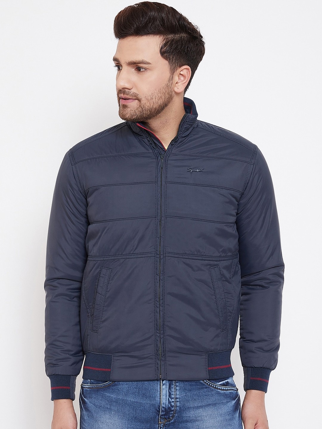 

Spirit Men Navy Blue Solid Windcheater Bomber
