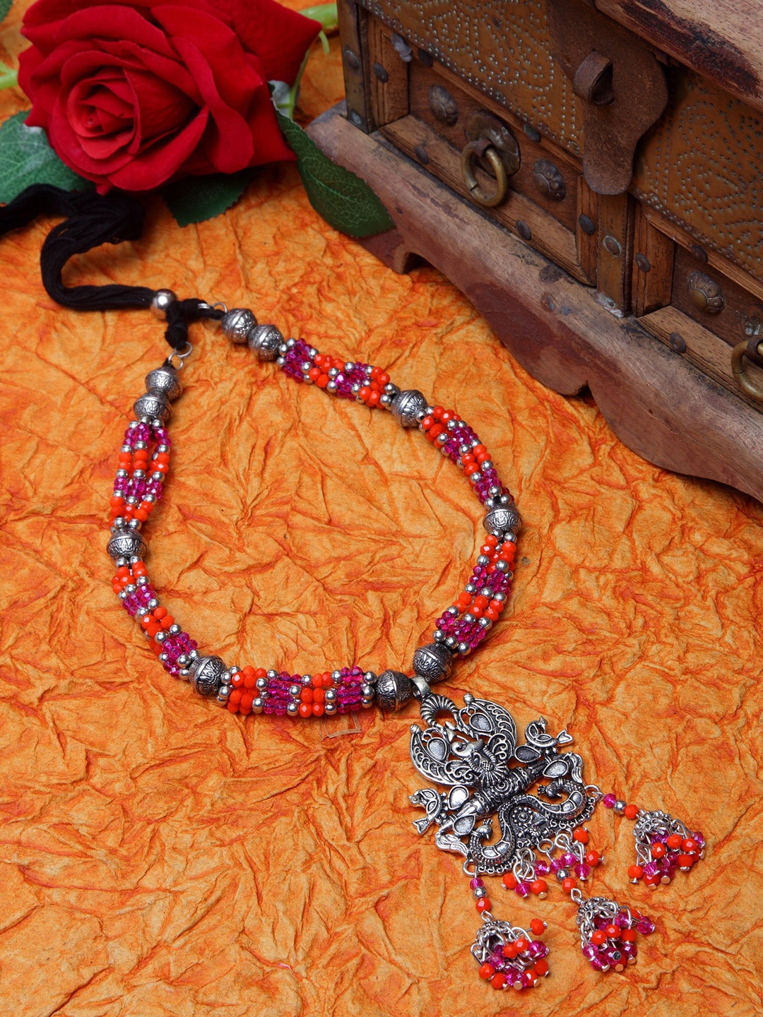 

Moedbuille Multicoloured German Silver Beads Studded Handcrafted Afghan Necklace, Multi