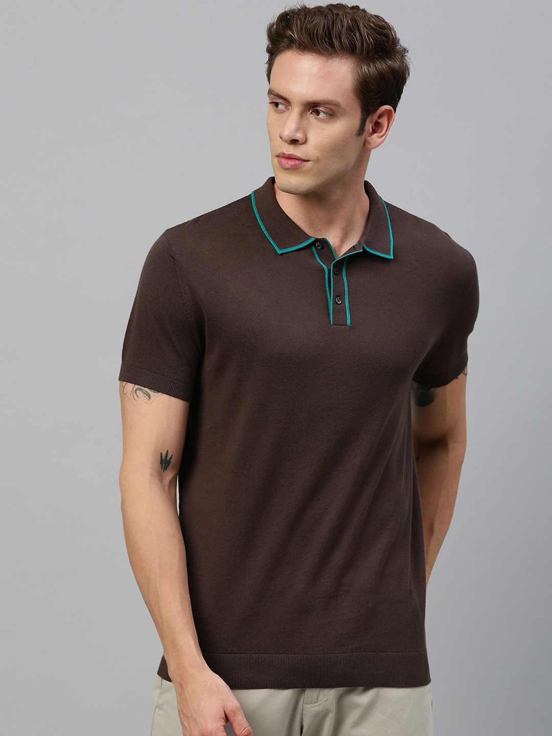 

RARE RABBIT Men Brown Solid Polo Collar T-shirt