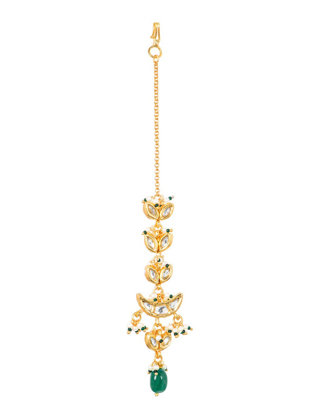

INDYA Gold-Plated White & Green Kundan-Studded Beaded Maang Tikka