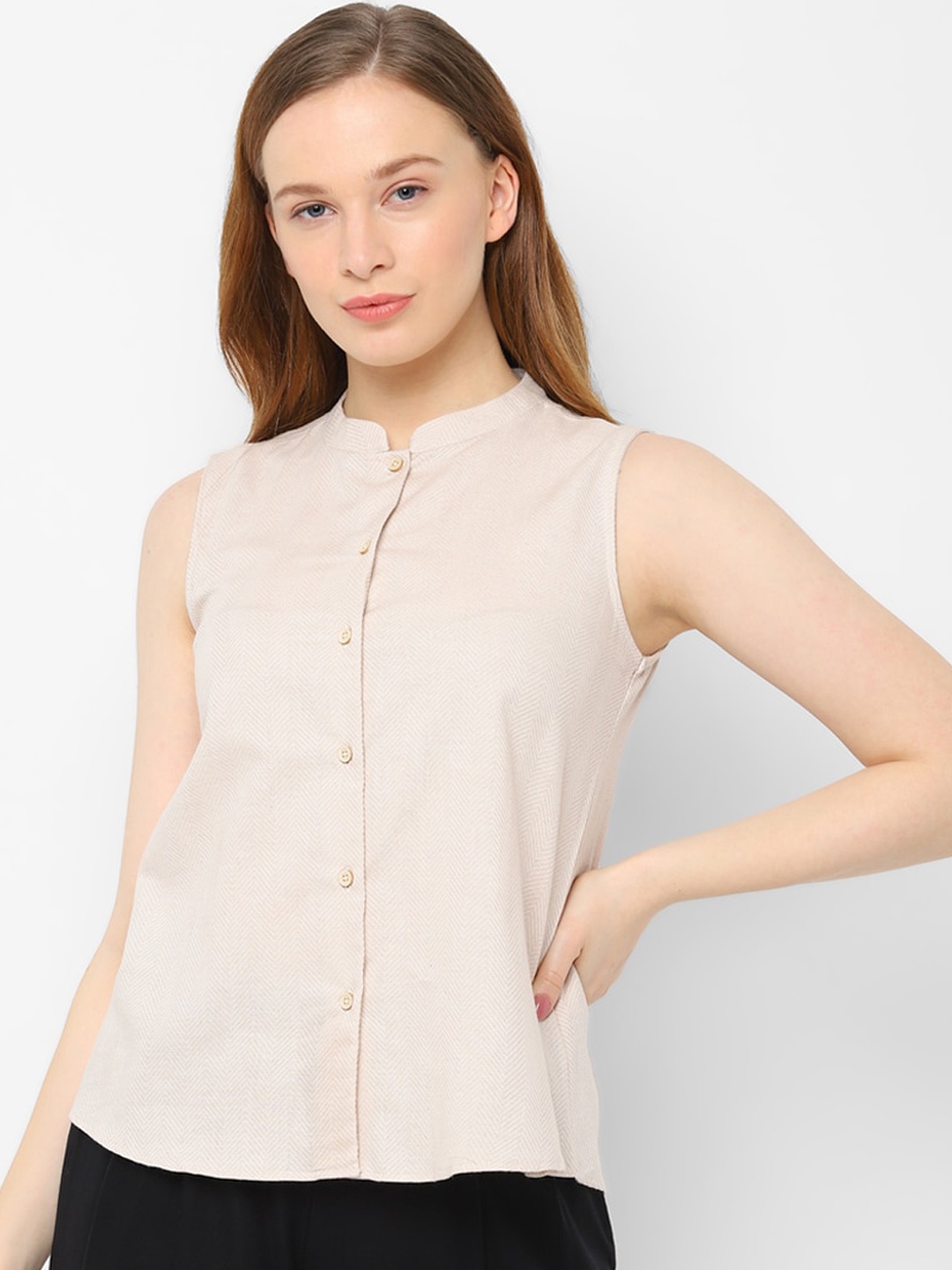 

Allen Solly Woman Women Cream-Coloured Self Design Shirt Style Pure Cotton Top