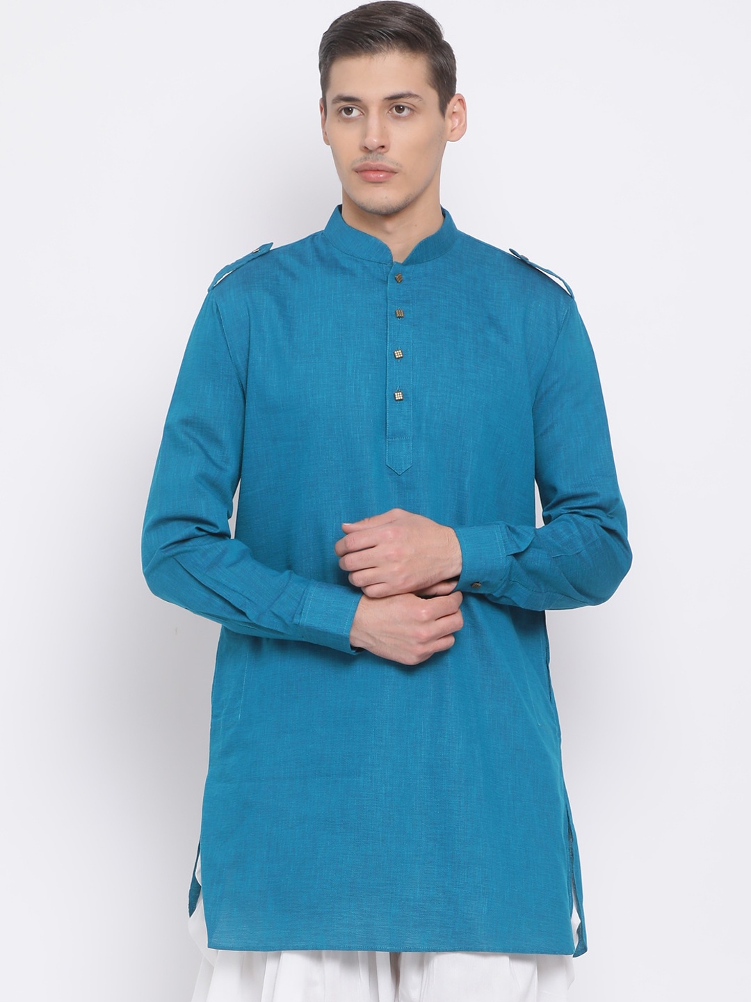 

VASTRAMAY Men Turquoise Blue Woven Design Straight Kurta