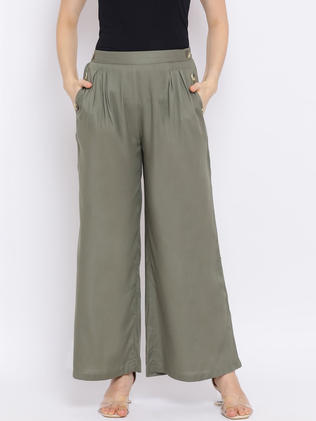 

Oxolloxo Women Olive Green Solid Wide Leg Palazzos