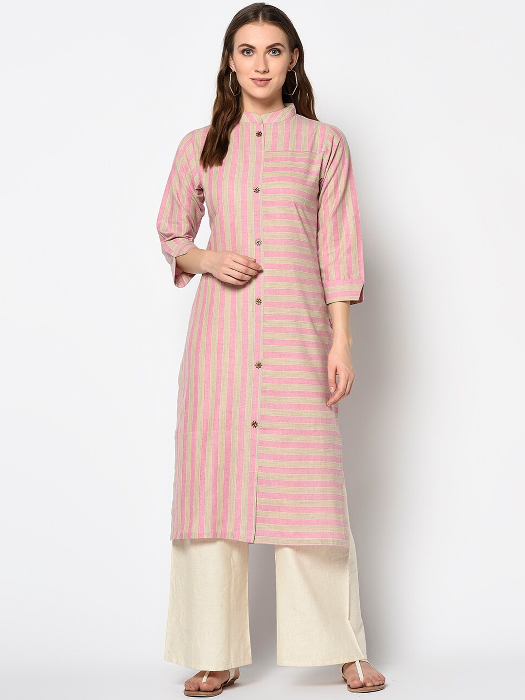

Kvsfab Women Pink & Beige Striped Straight Kurta