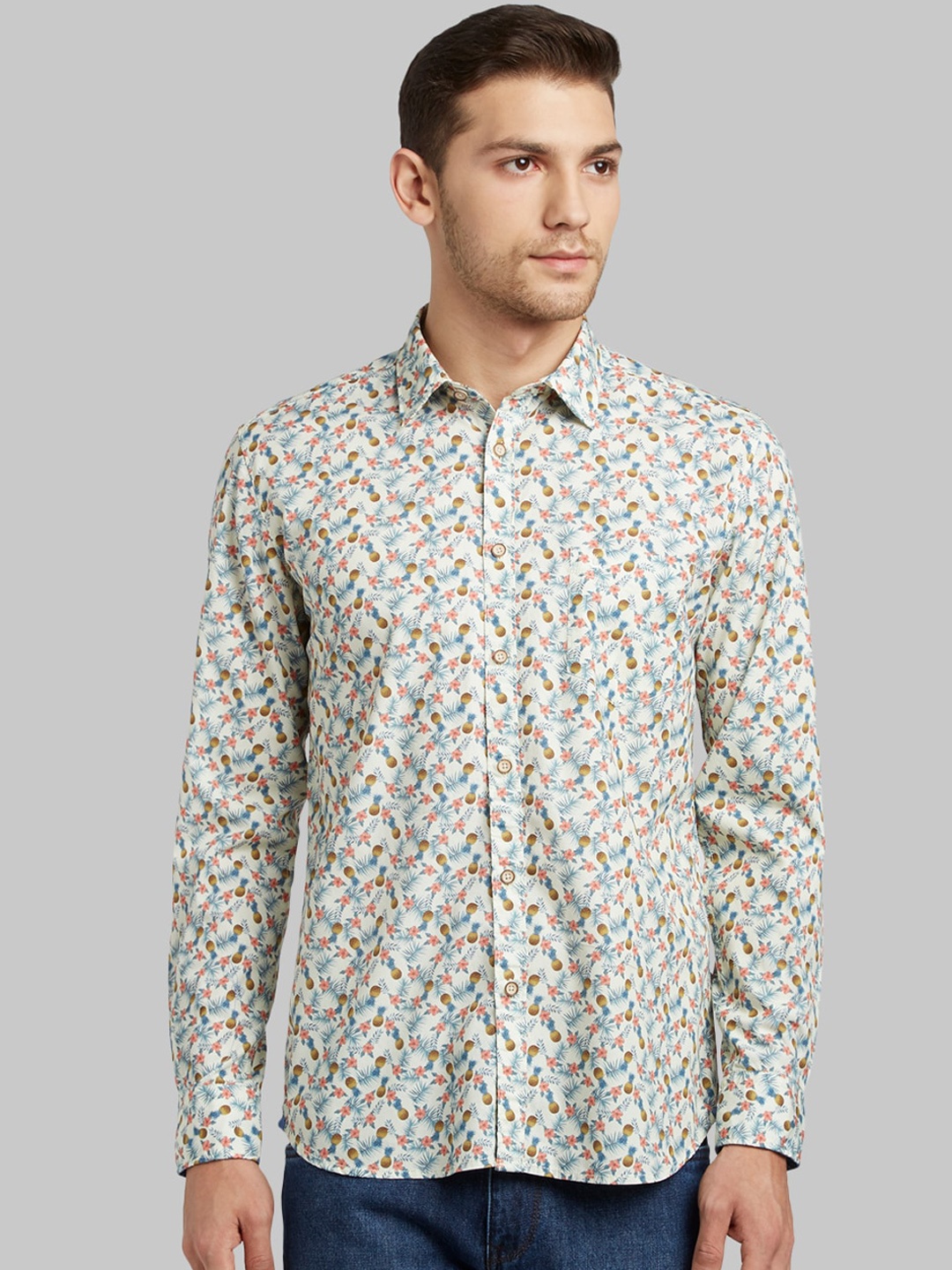 

Parx Men Off-White & Mustard Yellow Floral Print Slim Fit Casual Shirt