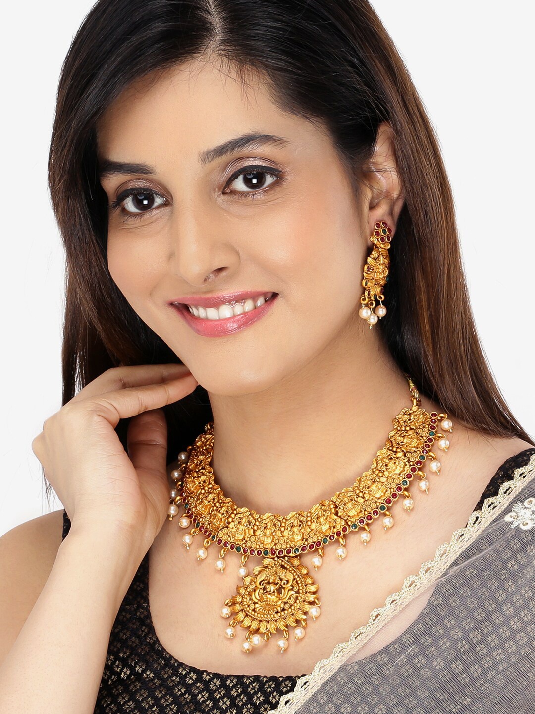 

Yellow Chimes Gold-Plated Red & Green Stone-Studded Beaded Temple Jewellery Set