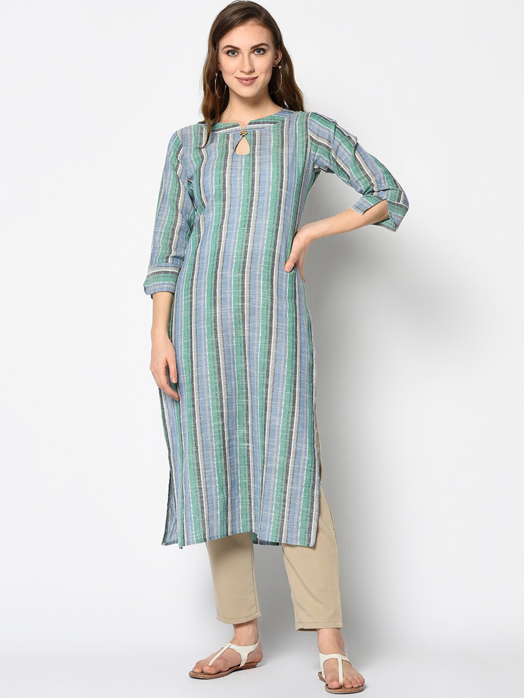 

Kvsfab Women Blue Striped Straight Kurta