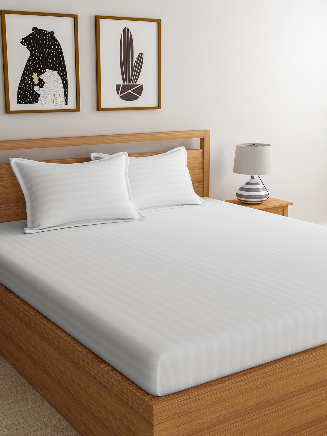 

URBAN SPACE White Striped 220 TC Cotton 1 King Bedsheet with 2 Pillow Covers