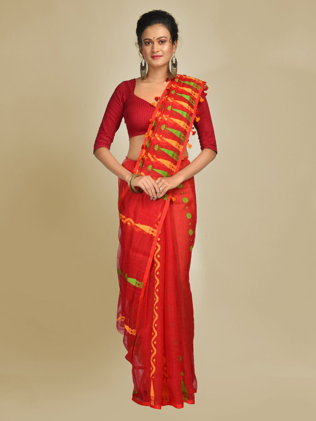 

Mitera Red Silk Cotton Woven Design Jamdani Saree
