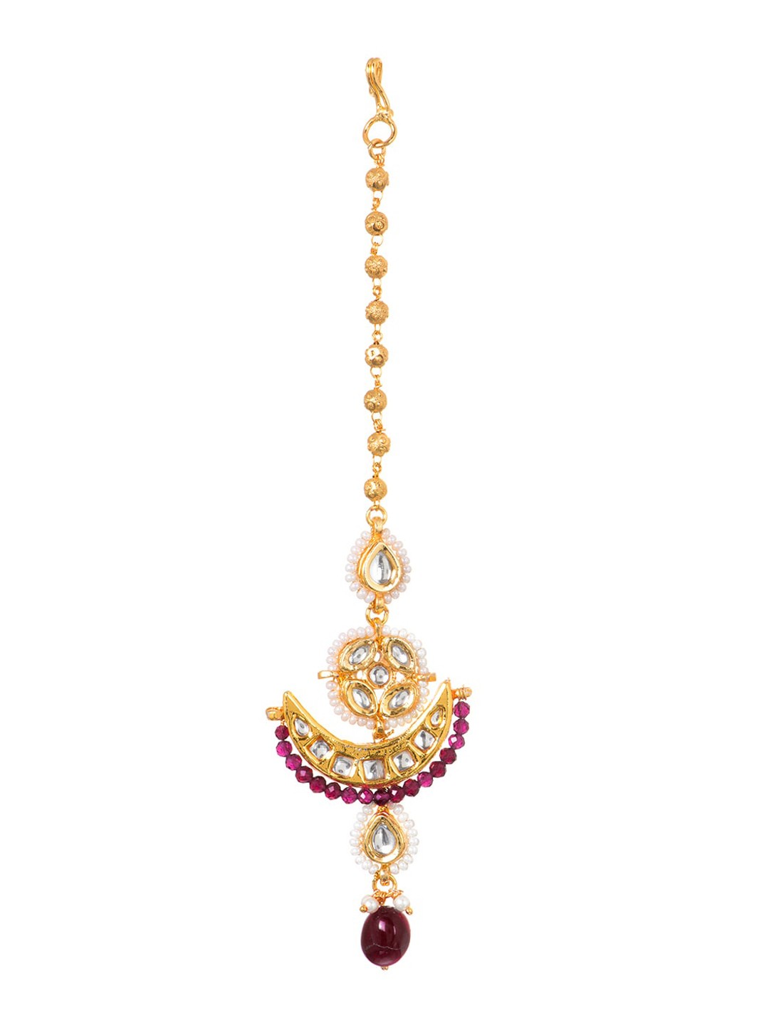 INDYA Gold-Plated White & Maroon Kundan-Studded Maangtikka