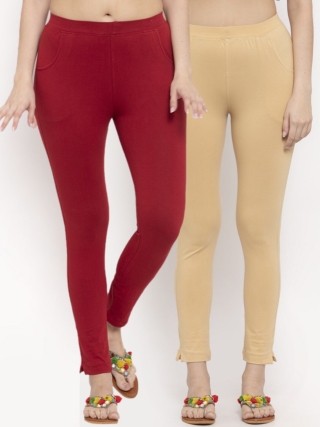 

TAG 7 Women Pack Of 2 Solid Ankle-Length Leggings, Beige