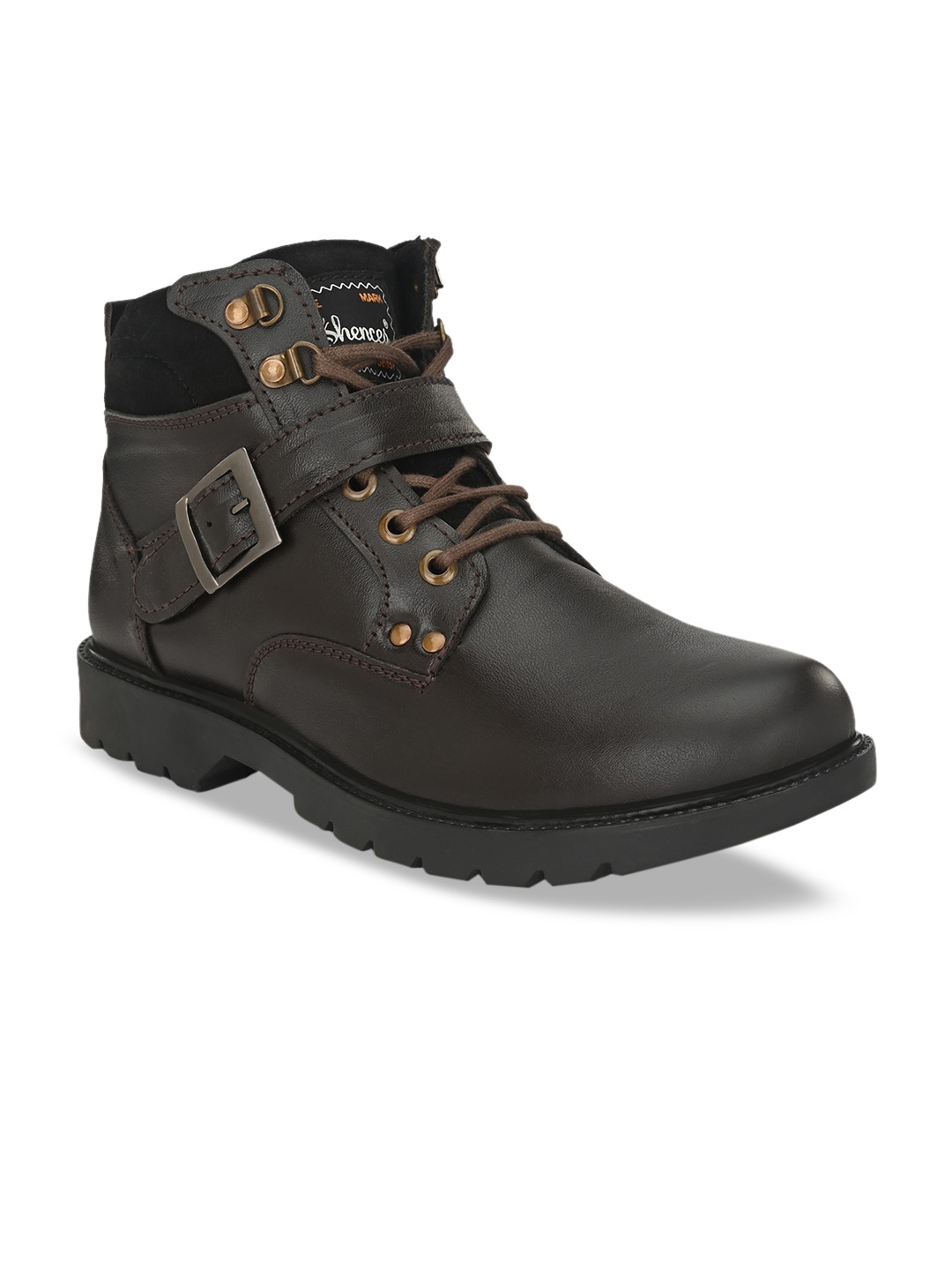 

SHENCES Men Brown Solid Genuine Leather High-Top Flat Boots