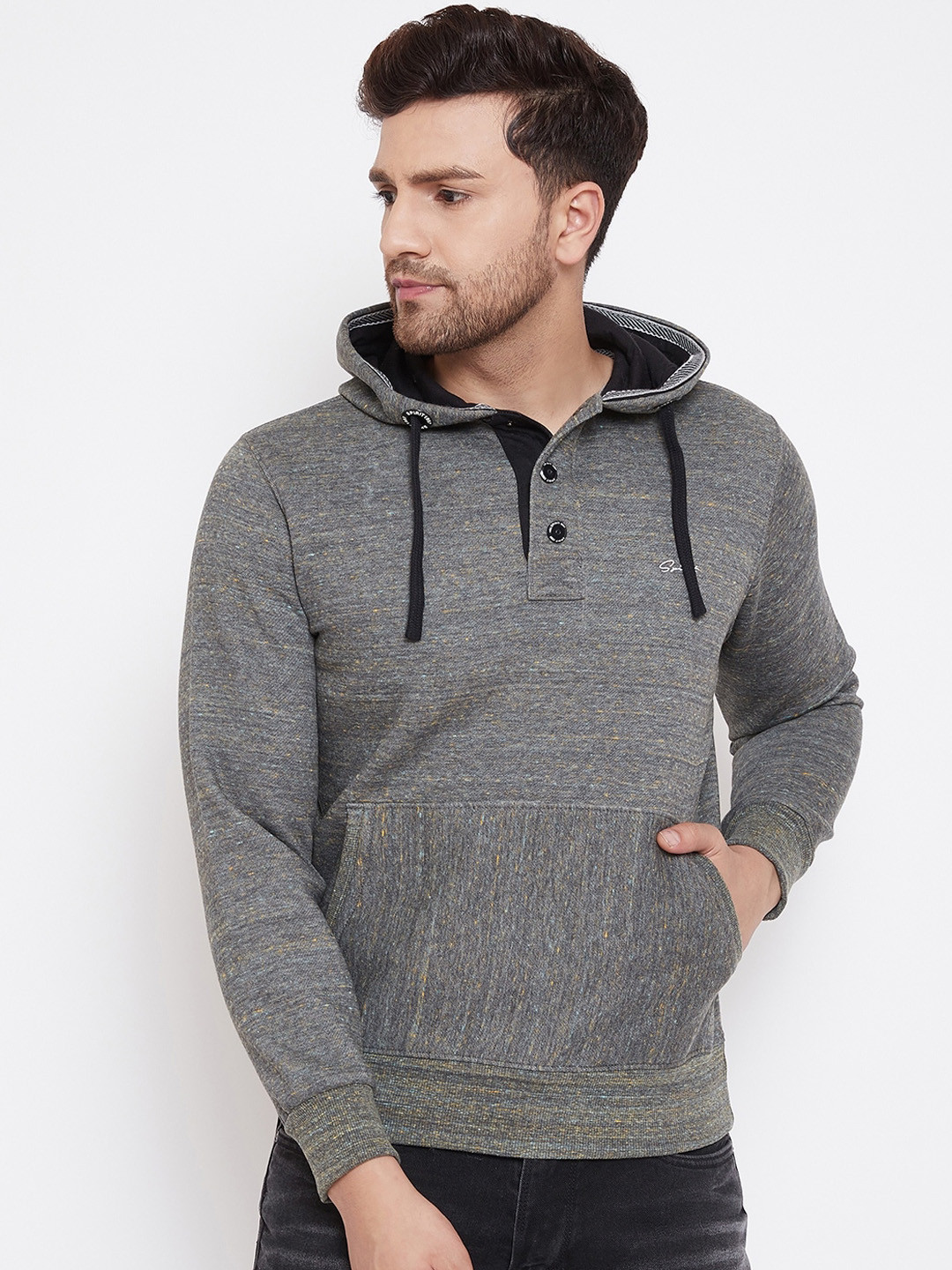 

Spirit Men Grey Solid Sustainable Hooded Sweatshirt