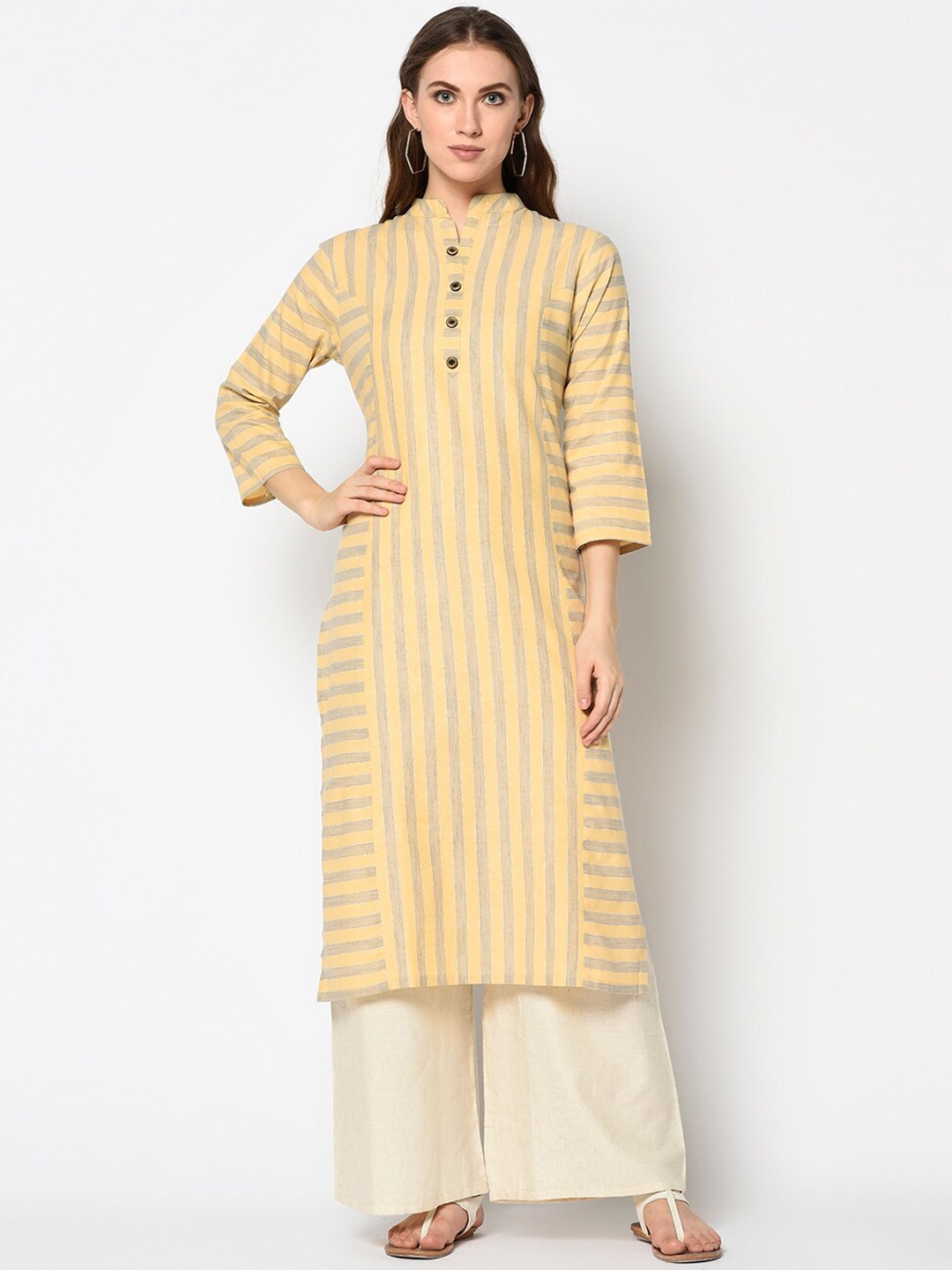 

Kvsfab Women Yellow & Grey Striped Straight Kurta