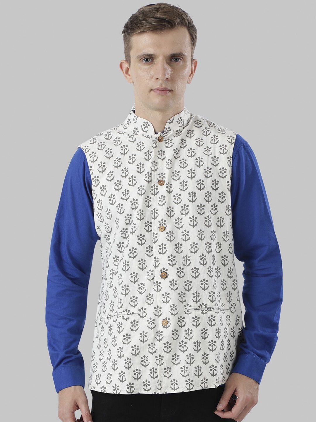 

Ethnix by Raymond Men White & Grey Printed Nehru Jacket