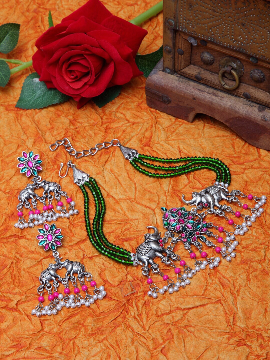 

Moedbuille Oxidised Silver-Plated Green & Pink Stone-Studded Crystal Beaded Temple Jewellery Set