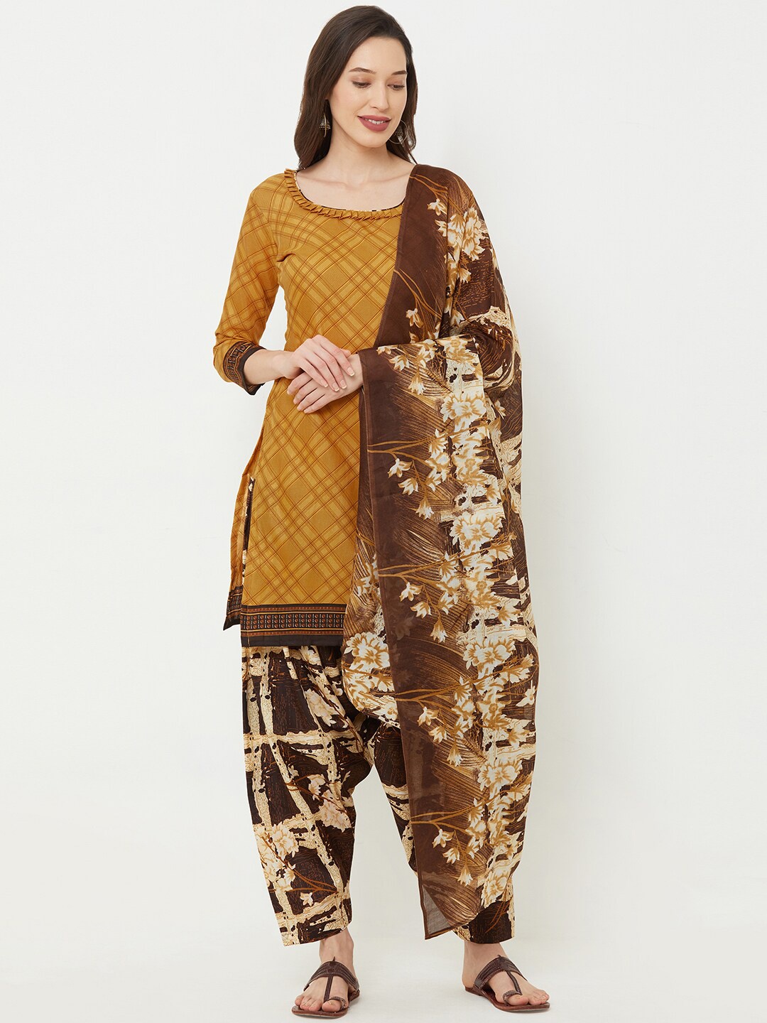 

Satrani Mustard Yellow & Brown Pure Cotton Unstitched Dress Material